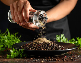 Crushed black peppercorns are being sprinkled over a dish from a glass grinder, adding spice.