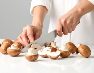 Shiny brown mushrooms are being sliced with a knife on a clean white surface, preparing for cooking.
