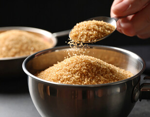 Golden brown sugar is being spooned into a mixing bowl, preparing for a sweet recipe.