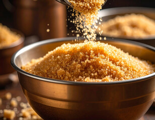 Golden brown sugar is being spooned into a mixing bowl, preparing for a sweet recipe.