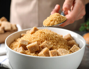 Golden brown sugar is being spooned into a mixing bowl, preparing for a sweet recipe.