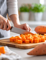 Bright orange sweet potatoes are being diced on a wooden board, ready for roasting.