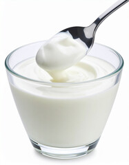 Creamy white yogurt is being swirled in a clear glass bowl with a metal spoon, for breakfast.