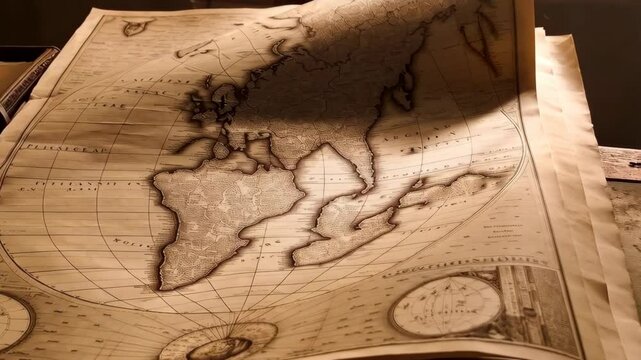 Antique map with visible world continents displayed on aged textured paper, with unfolded edges revealing layers of history.
