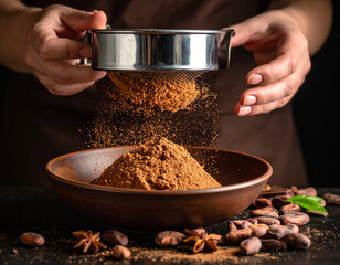 Rich brown cocoa powder is being sifted into a bowl, preparing for a chocolate dessert.