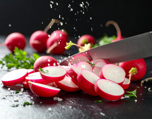 Bright pink radishes are being thinly sliced on a dark surface, adding a crisp texture to a salad.