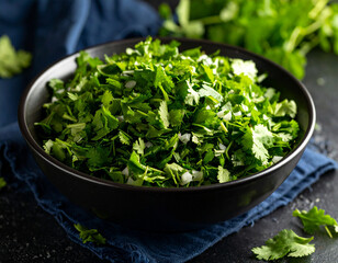 A mound of chopped fresh coriander placed in a ceramic bowl ready for garnish.