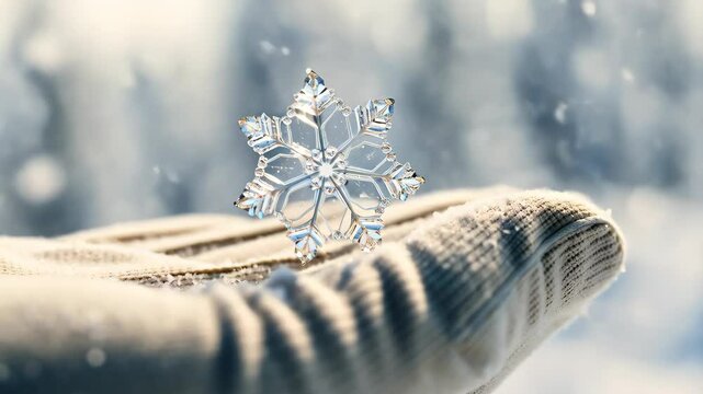 Close up view of a delicate snowflake on a woolen mitten in wintertime snow with blurred background