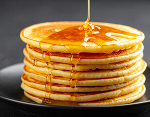 A drizzle of honey falling slowly onto a stack of golden pancakes served on a plate.