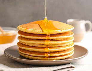 A drizzle of honey falling slowly onto a stack of golden pancakes served on a plate.