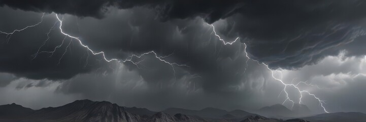 Turbulent grey clouds, jagged lightning streaks, ominous overcast ,  atmospheric pressure,  nature