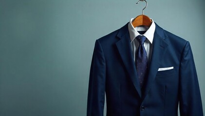 A sharp, tailored business suit hanging impeccably on a hanger, ready for a successful day  The perfect image for corporate success, ambition, and professional achievement , tailored, suit, marketing
