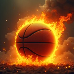 Fototapeta premium Fiery basketball ball burns in bright flame on black backdrop. Powerful sport game, flaming sphere flies fast. Intense competition, hot action, abstract symbol of win. 