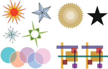 Decorative Scatter  set And Graphic design elements. Playful geometric shapes in various colors are scattered across a clean white background