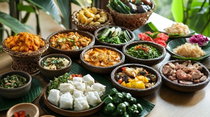 Indonesian Cuisine Diverse Dishes in Rustic Bowls, Food Photography, Culinary Concept Indonesian food, Asian cuisine