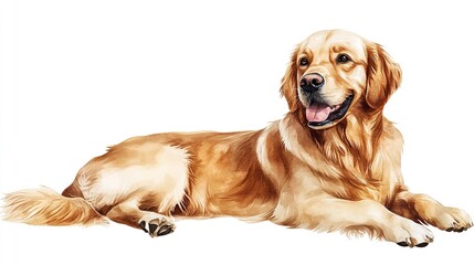 Golden retriever dog sitting happily on white background