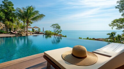 Obraz premium Infinity Pool Villa Ocean View, Sun Hat on Lounger, Tropical Getaway, Poolside Relaxation Luxury Villa, Vacation
