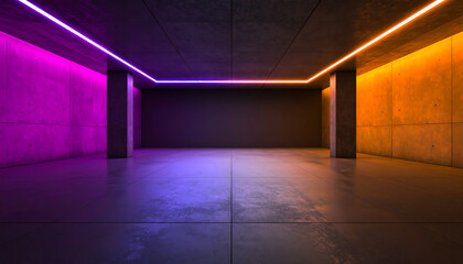 A modern, minimalist interior space featuring concrete walls and vibrant LED lighting in purple and orange hues