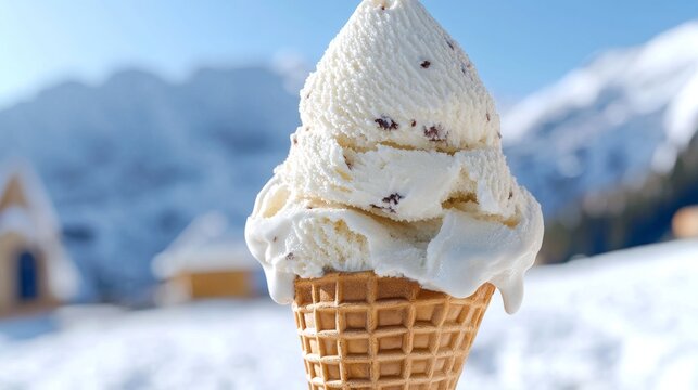 Melting Ice Cream Cone in Snowy Mountains Close-up, Vanilla Chocolate Chip, Winter Treat, Ice Cream Photography Ice Cream, Winter
