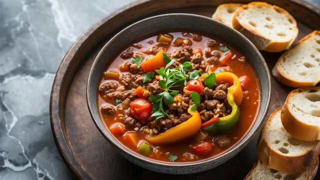 Comfort food: A bowl of stuffed pepper soup filled with savory ground beef, sausage, colorful bell peppers, tomatoes, and rice.