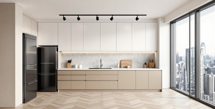 Contemporary kitchen with beige cabinets and white upper units, stylish creative design, daylight cityscape background, concept of modern home living, Ai generative