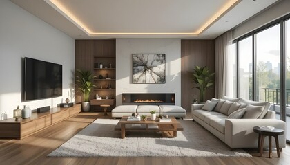 A serene modern living room bathed in sunlight a welcoming haven of comfort and elegance with a cozy fireplace and