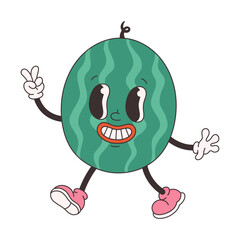 Cute groovy watermelon. Trendy funky retro cartoon fruit character. Groovy summer collection. Vector illustration in flat style