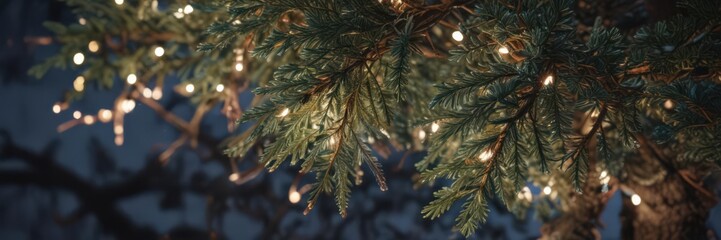 Tangled string lights illuminating frosty pine needles ,  winter landscape,  visual,  xmas