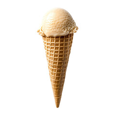 A single scoop of creamy vanilla ice cream in a crisp waffle cone