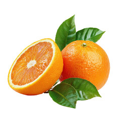 Two vibrant oranges, one sliced, with fresh leaves