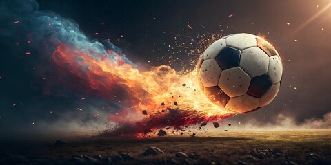 Soccer ball on fire flying through the air sports and recreation game
