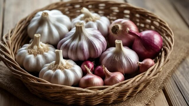Wicker basket holding garlic and red onion