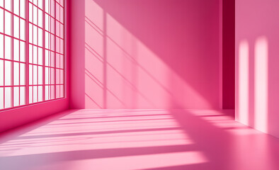 Obraz premium Empty pink colour room studio with sunlight effect shadow on the floor and wall for product presentation. Minimal backdrop design. Cosmetic, beauty and fashion showroom. Summer background mock up.