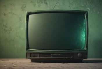 Dusty CRT TV screen, green static, flickering , green screen, obsolete, old technology
