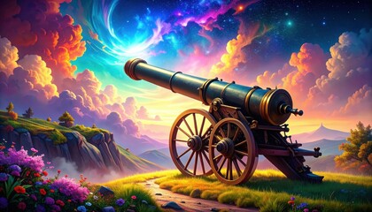 Dreamlike Landscape Featuring Colorful Cannon and Surreal Elements