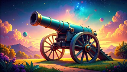 Surreal Colorful Landscape with a Dreamlike Cannon under Cosmic Sky