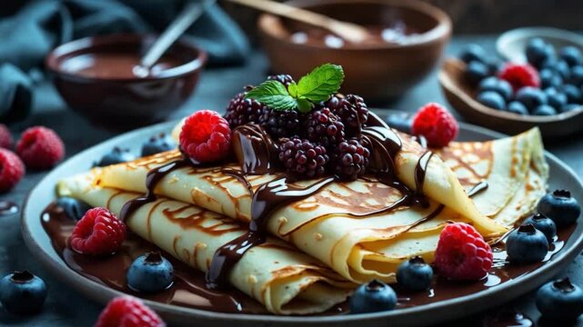 Delicious crepes with woodland berries, stuffed and garnished with dark chocolate and mint.