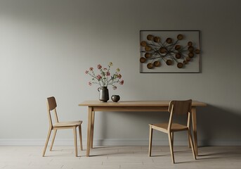 A dining room with chairs and a table with flowers