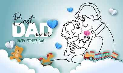 Happy Fathers Day holiday card. Dad hug cute baby.