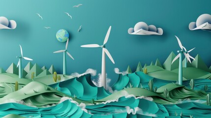 Paper Art Depiction of Wind Turbines and Renewable Energy