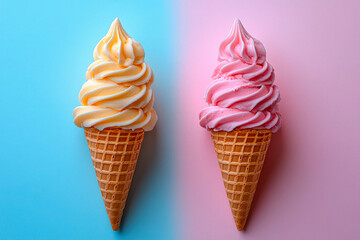 Two ice creams, strawberry and vanilla, on a two-color red and blue background