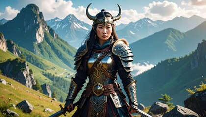 Naklejka premium Dwarven Warrior in Runic Armor Stands Proudly in Mountainous Landscape