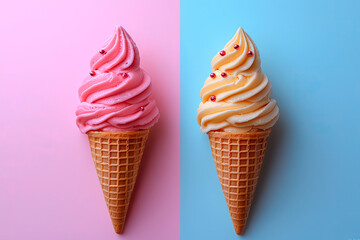 Two ice creams, strawberry and vanilla, on a two-color red and blue background