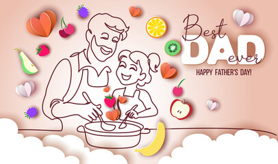 Happy Fathers Day holiday card. Dad and daughter cook together.