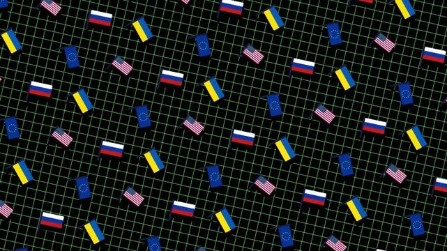 Animated pattern of EU, US, Russian, and Ukrainian flags rotating diagonally over a black background with green grid, representing shifting global dynamics and complexity of international relations.