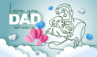Happy Fathers Day holiday card. Dad hug his kids with big love.