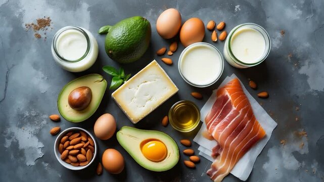 Foods high in fats. Primary food category - fats. Overhead perspective.