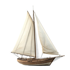A classic wooden sailboat with white sails, captured against a black background.  The vessel shows detailed craftsmanship
