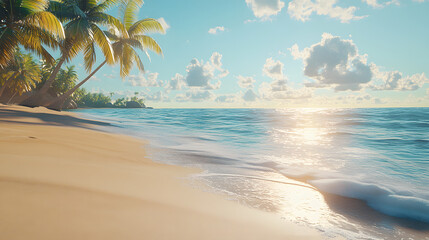 Obraz premium Summer background with frame, nature of tropical golden beach with rays of sun light and leaf palm. Golden sand beach close-up, sea water, blue sky, white clouds. Copy space, summer vacation concept.