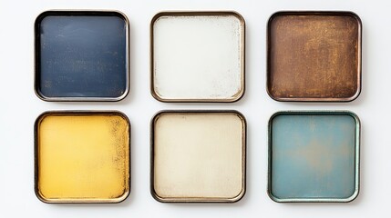 Six Vintage Trays Flatlay Composition of Distressed Metal Trays in Various Colors, Home Decor, Kitchenware Home Decor, Flatlay